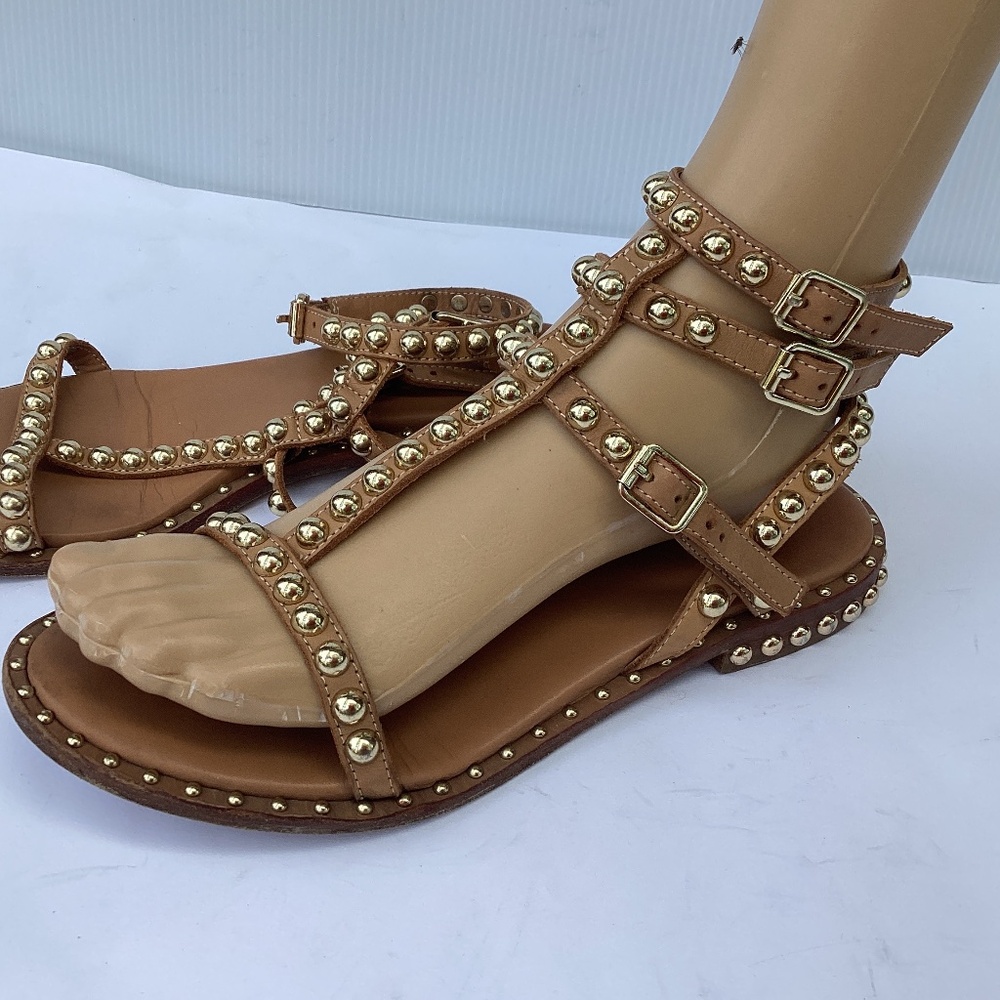Ash Tan Leather Studded Gladiator Sandals with Gold Studs